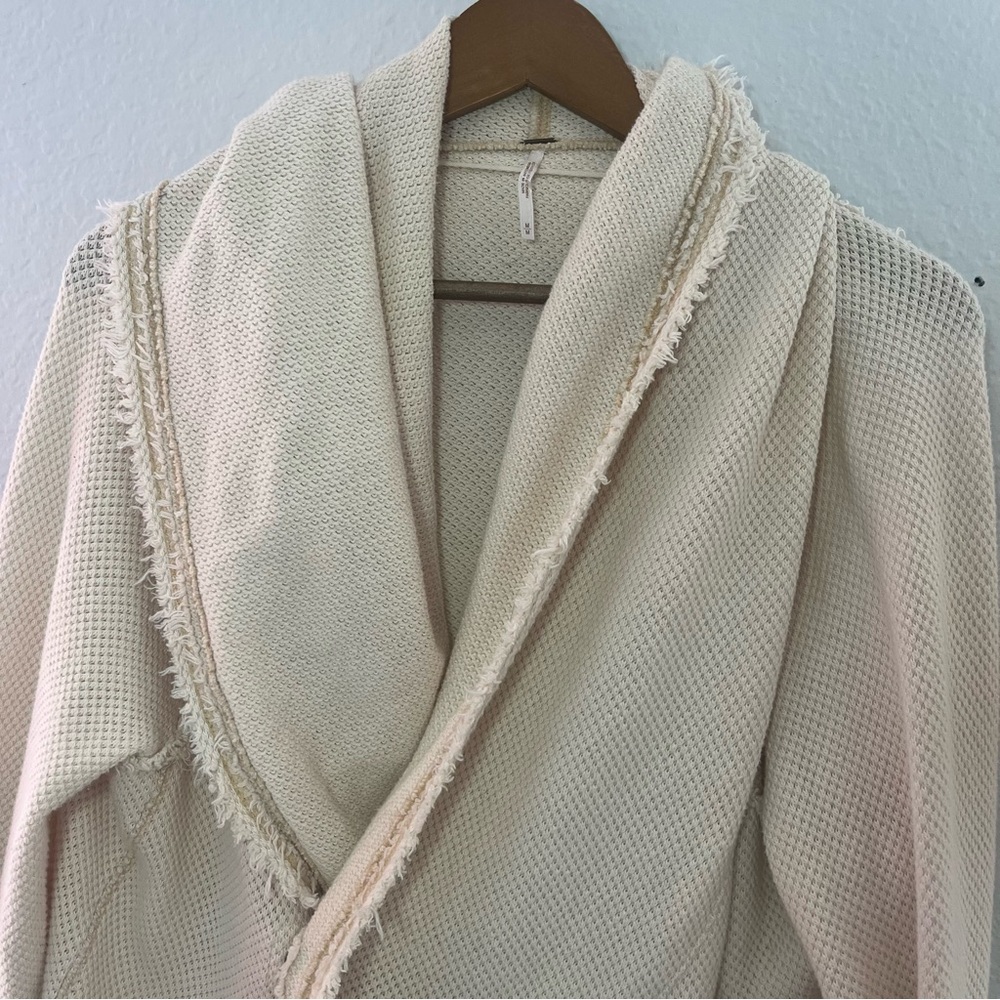 Free People Big Chill Cardigan Cream Hood Waffle Snap Sweater Jacket Size Medium - Picture 6 of 16